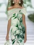 Women Floral Cap Sleeve Summer Printing Dress Cold Shoulder Daily Vintage Maxi H-Line Dress
