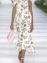 Women Floral Cap Sleeve Summer Printing Dress Cold Shoulder Daily Vintage Maxi H-Line Dress