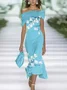 Women Floral Cap Sleeve Summer Printing Dress Cold Shoulder Daily Vintage Maxi H-Line Dress