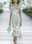 Women Floral Cap Sleeve Summer Printing Dress Cold Shoulder Daily Vintage Maxi H-Line Dress
