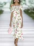 Women Floral Cap Sleeve Summer Printing Dress Cold Shoulder Daily Vintage Maxi H-Line Dress