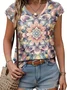 Women Floral Short Sleeve Tee T-shirt V Neck Printing Casual Summer Graphic Tee Top