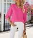 Women Plain Half Sleeve Shirt Summer Split Joint V Neck Daily Casual Top