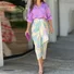 Women Geometric Printing Two-Piece Set Daily Three Quarter Sleeve Casual Spring/Fall Top With Skirt Matching Set