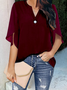 Women Plain Half Sleeve Shirt Summer Split Joint V Neck Daily Casual Top