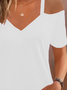 Women Plain Short Sleeve Tee T-shirt V Neck Split Joint Casual Summer Top