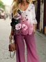 Women Floral Printing Two-Piece Set Daily Long Sleeve Casual Spring/Fall Top With Pants Matching Set