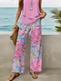 Women Floral Printing Two-Piece Set Daily Sleeveless Casual Summer Top With Pants Matching Set
