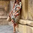Women Geometric Three Quarter Sleeve Spring/Fall Printing Dress V Neck Daily Vintage Maxi Hip Skirt A-Line Dress