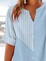 Women Striped Short Sleeve Shirt Summer Printing V Neck Daily Casual Top