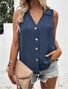 Women Sleeveless Tank Top Camisole Summer Plain Buckle Stand Collar Daily Casual Top