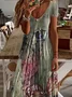 Women Butterfly Short Sleeve Summer Printing Dress V Neck Daily Casual Maxi X-Line Dress