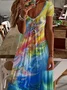 Women Abstract Short Sleeve Summer Printing Dress V Neck Daily Casual Maxi X-Line Dress