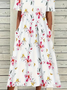 Women Floral Half Sleeve Summer Printing Dress Crew Neck Daily Casual Maxi A-Line Dress