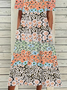 Women Floral Half Sleeve Summer Printing Dress Crew Neck Daily Casual Maxi A-Line Dress