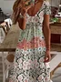 Women Floral Short Sleeve Summer Printing Dress V Neck Daily Casual Maxi X-Line Dress