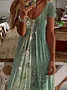Women Floral Short Sleeve Summer Printing Dress V Neck Daily Casual Maxi X-Line Dress