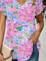 Women Floral Short Sleeve Tee T-shirt V Neck Printing Casual Summer Graphic Tee Top