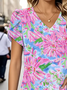 Women Floral Short Sleeve Tee T-shirt V Neck Printing Casual Summer Graphic Tee Top