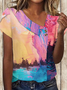 Women Geometric Short Sleeve Tee T-shirt Asymmetrical Buckle Vintage Summer Top