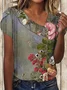 Women Geometric Short Sleeve Tee T-shirt Asymmetrical Buckle Vintage Summer Top