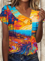 Women Geometric Short Sleeve Tee T-shirt Asymmetrical Buckle Vintage Summer Top