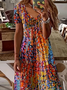 Women Abstract Short Sleeve Summer Printing Dress V Neck Daily Casual Maxi X-Line Dress