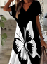 Women Butterfly Short Sleeve Summer Printing Dress V Neck Daily Casual Maxi X-Line Dress