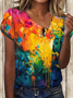 Women Geometric Short Sleeve Tee T-shirt Asymmetrical Buckle Vintage Summer Top