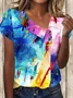 Women Geometric Short Sleeve Tee T-shirt Asymmetrical Buckle Vintage Summer Top