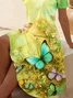Women Floral Short Sleeve Summer Printing Dress V Neck Daily Casual Midi Fit & Flare Dress A-Line Dress