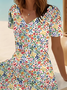 Women Floral Short Sleeve Summer Printing Dress V Neck Daily Casual Midi Fit & Flare Dress A-Line Dress