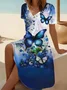 Women Floral Short Sleeve Summer Printing Dress V Neck Daily Casual Midi Fit & Flare Dress A-Line Dress