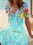 Women Floral Short Sleeve Summer Printing Dress V Neck Daily Casual Midi Fit & Flare Dress A-Line Dress