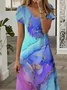 Women Abstract Short Sleeve Summer Printing Dress V Neck Daily Casual Maxi X-Line Dress