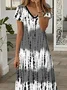 Women Abstract Stripes Short Sleeve Summer Printing Dress V Neck Daily Casual Maxi X-Line Dress