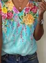 Women Floral Short Sleeve Tee T-shirt V Neck Printing Casual Summer Graphic Tee Top