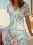 Women Floral Short Sleeve Summer Printing Dress V Neck Daily Casual Midi Fit & Flare Dress A-Line Dress