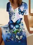 Women Floral Short Sleeve Summer Printing Dress V Neck Daily Casual Midi Fit & Flare Dress A-Line Dress
