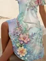 Women Floral Short Sleeve Summer Printing Dress V Neck Daily Casual Midi Fit & Flare Dress A-Line Dress