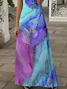Women Abstract Short Sleeve Summer Printing Dress V Neck Daily Casual Maxi X-Line Dress