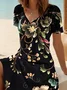 Women Floral Short Sleeve Summer Dress V Neck Daily Casual Midi Fit & Flare Dress A-Line Dress