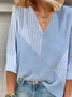 Women Striped Three Quarter Sleeve Blouse Spring/Fall Printing V Neck Daily Casual Top