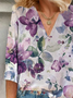 Women Floral Three Quarter Sleeve Blouse Spring/Fall V Neck Daily Casual Top