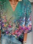 Women Floral Three Quarter Sleeve Blouse Spring/Fall Printing V Neck Daily Casual Top