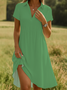 Women Plain Short Sleeve Summer Dress Shawl Collar Daily Casual Knee Length A-Line Dress