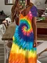 Women Tie-Dye Pattern Short Sleeve Summer Printing Dress V Neck Daily Casual Maxi X-Line Dress
