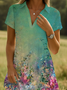 Women Floral Short Sleeve Summer Printing Dress Shawl Collar Daily Casual Knee Length A-Line Dress