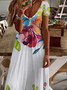 Women Floral Short Sleeve Summer Printing Dress V Neck Daily Casual Maxi X-Line Dress