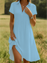 Women Plain Short Sleeve Summer Dress Shawl Collar Daily Casual Knee Length A-Line Dress